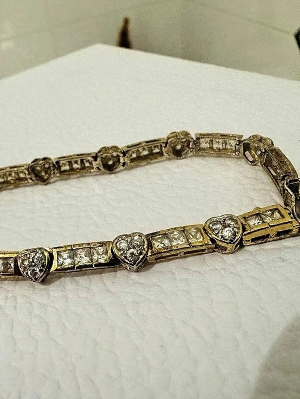 Vintage 925 Sterling Silver Gold Tone Heart Link CZ Tennis Bracelet 7.25”